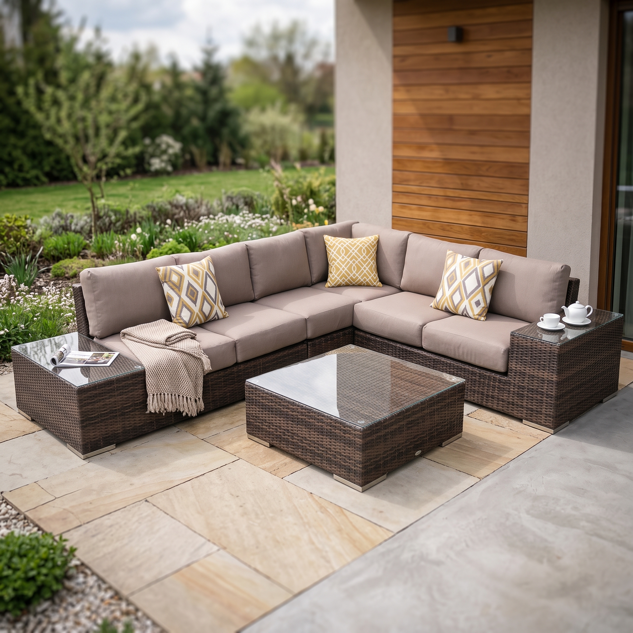 Hnedá rohová ratanová súprava BJORKKA AVOCADO s vankúšmi a konferenčným stolíkom so sklenenou doskou
