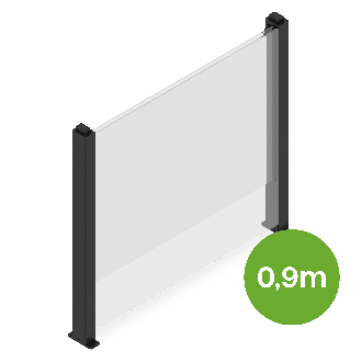 Grafika s rozmermi produktu sklenený plot 90 x 110 / 180 cm antracit GUTROOF vyobrazená izometricky so zeleným kruhom a mierou 0,9m