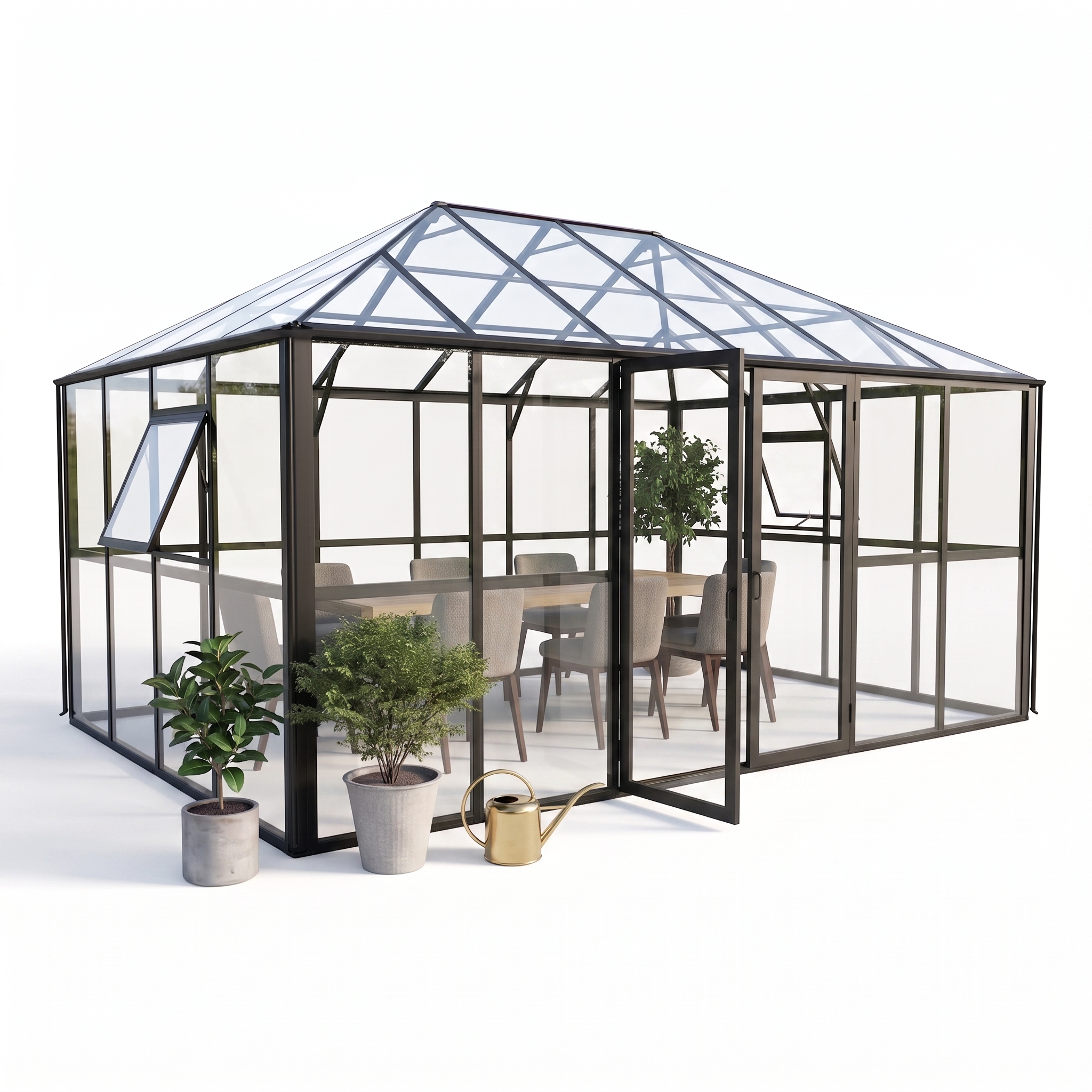 Oranzeria zimowa BROADWAY Black 436x295cm Solid PC+ Glass - Gutroof, na ogrodzie, czarna, szklany dach, wśród kwiatów i roślin 