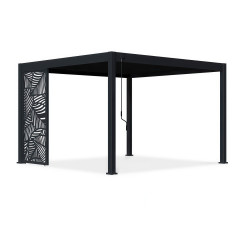 Antracitový hliníkový dekoratívny panel DECO 1,2 m namontovaný na pergole Gutroof s detailným vyrezávaným vzorom listov