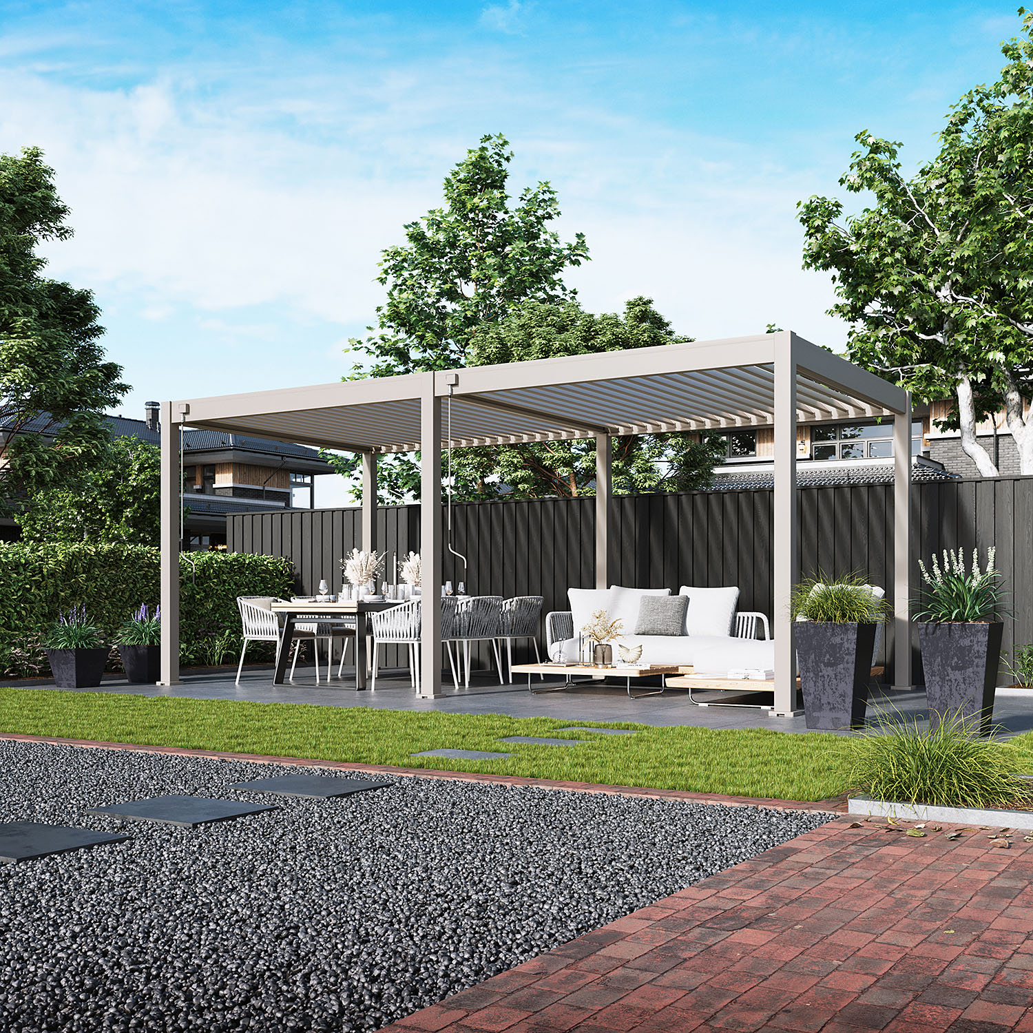 Záhradná pergola ELEGANCE 3x6 Sand Beige s jedálenskou a oddychovou časťou na terase