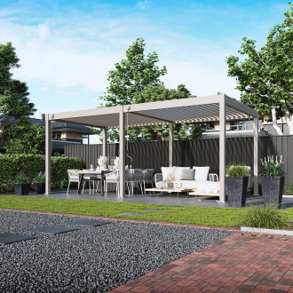 Záhradná pergola ELEGANCE 3x6 Sand Beige s jedálenskou a oddychovou časťou na terase