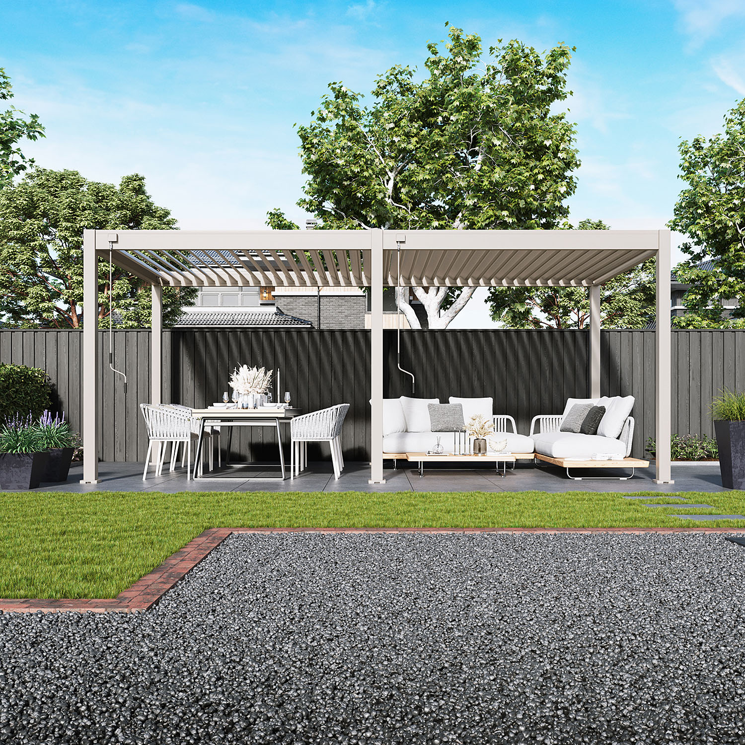 Záhradná pergola ELEGANCE 3x6 Sand Beige s jedálenskou a oddychovou časťou na terase