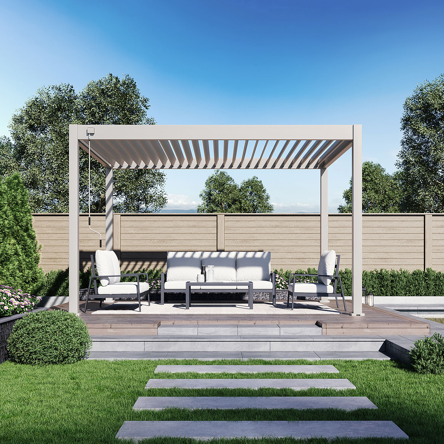 Hliníková terasa pergola ELEGANCE 3x4 piesková béžová s posedením na záhradnej terase