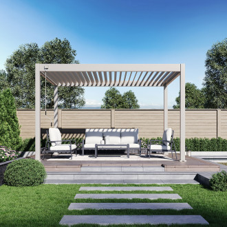 Hliníková terasa pergola ELEGANCE 3x4 piesková béžová s posedením na záhradnej terase