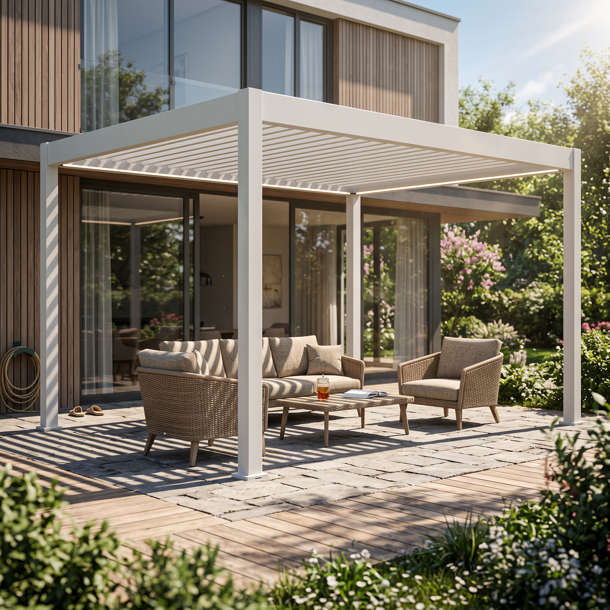 Hliníková pergola Gutroof ELEGANCE AUTOMATIC 3x4 biela s LED na bielom pozadí