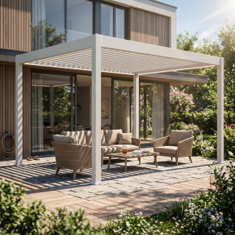 Hliníková pergola Gutroof ELEGANCE AUTOMATIC 3x4 biela s LED na bielom pozadí