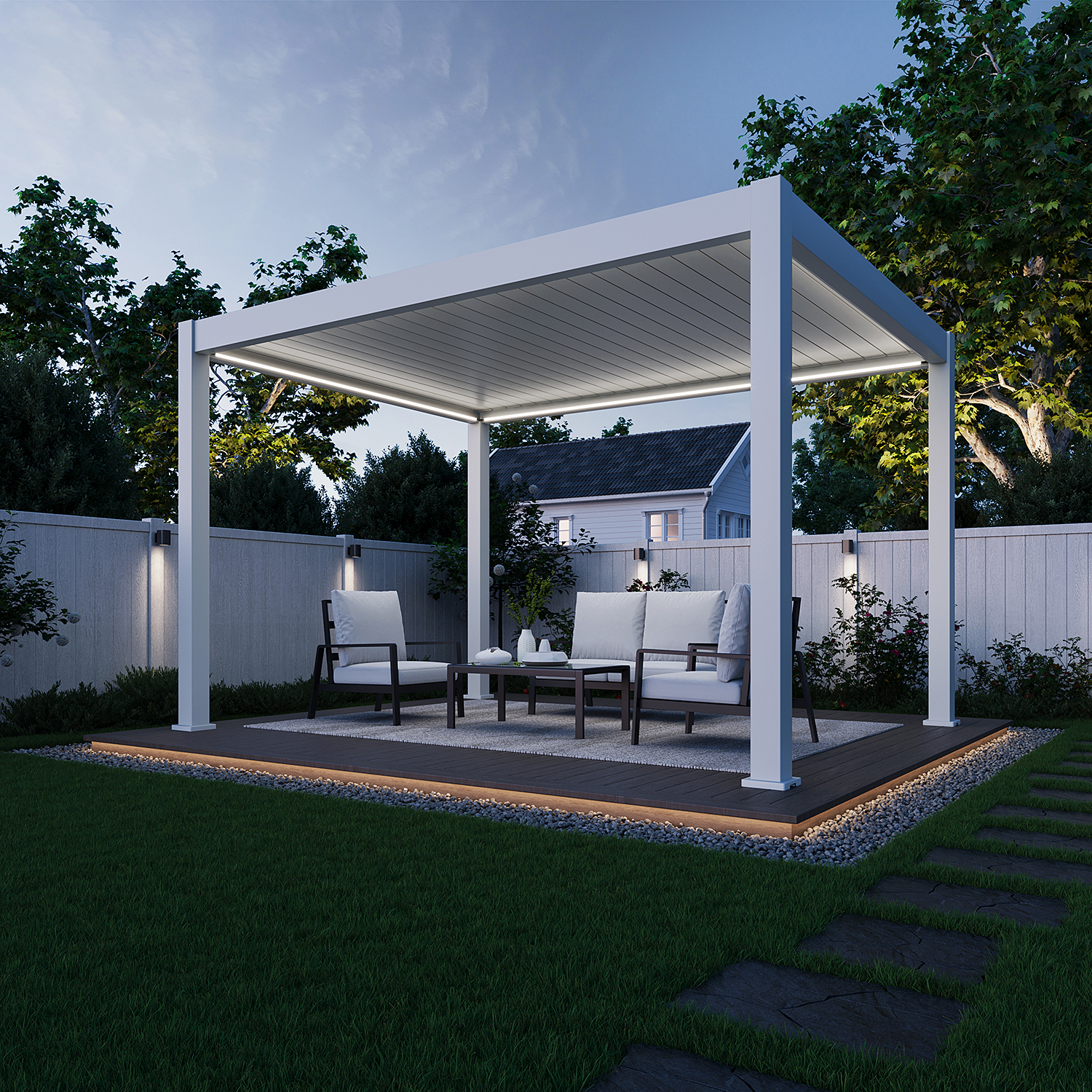 Biela pergola DELUXE PRO AUTOMATIC 3x4 s LED osvetlením v záhradnom priestore s posedením počas súmraku