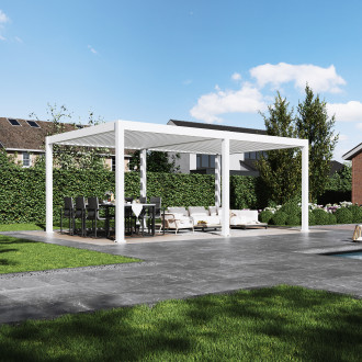 Biela elektrická terasa pergola DELUXE PRO AUTOMATIC 4x6 s LED osvetlením s nábytkovou súpravou na záhradnej terase
