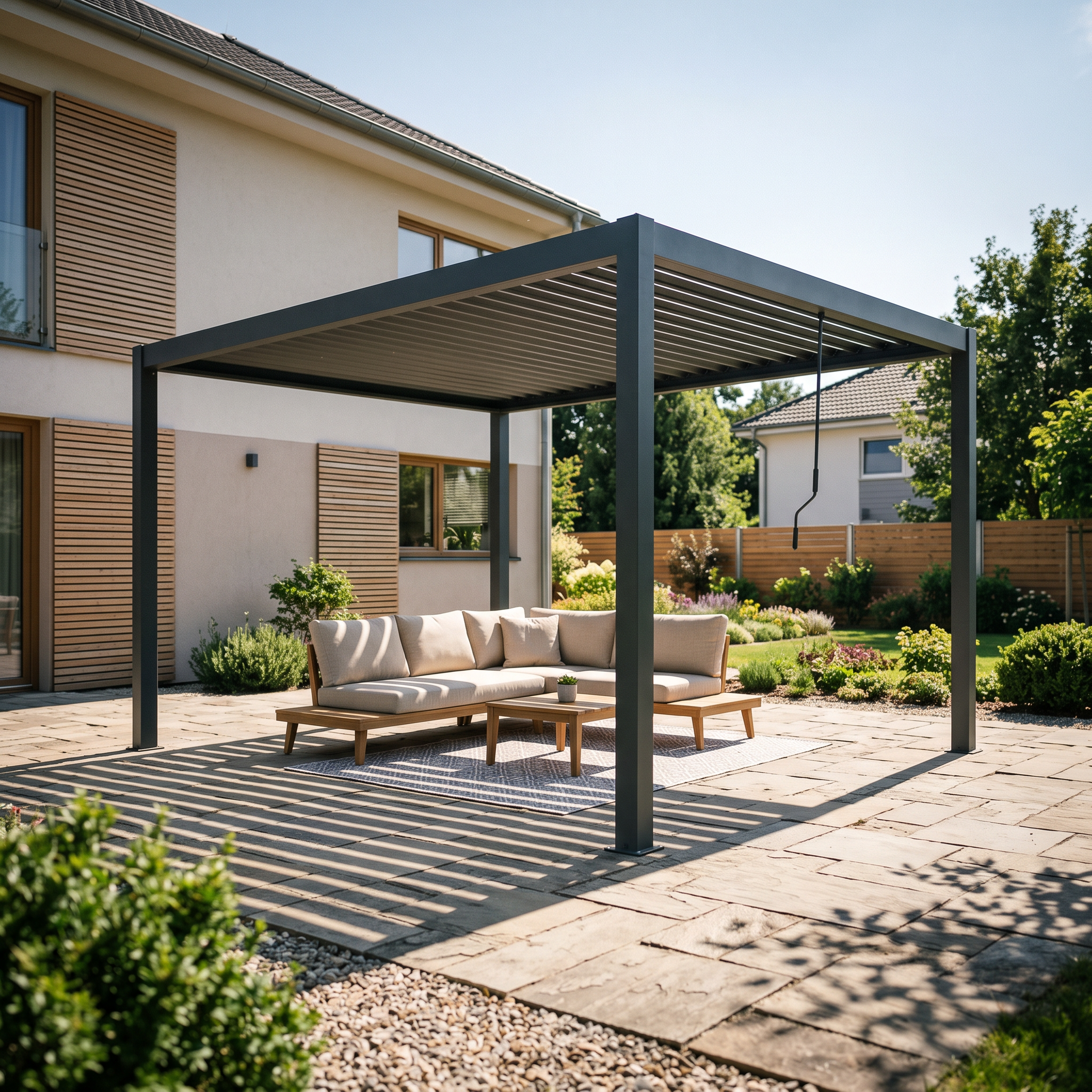 Záhradná terasa pergola 3x4 PRIMARY Antracit Gutroof nad setom záhradného nábytku pri bazéne