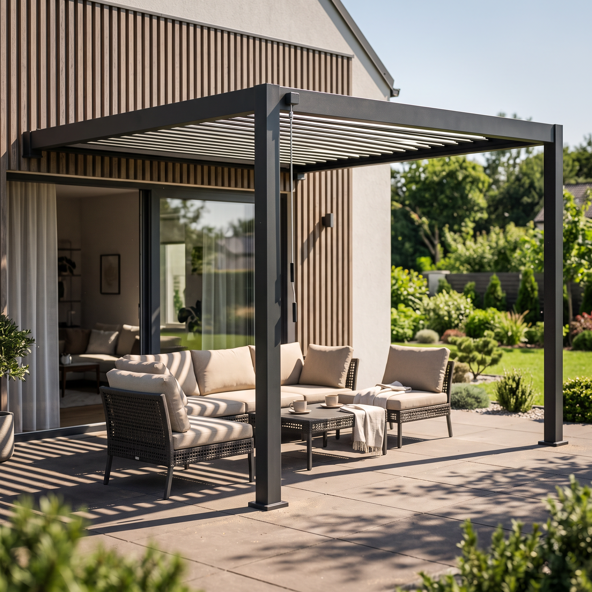 Antracitová hliníková pergola ku stene Gutroof Premium Wall 3x4 m na čiernom pozadí