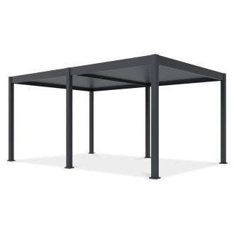 Záhradná pergola DELUXE Automatic 3,6x5,3 antracitovej farby s lamelovou strechou zobrazená na čiernom pozadí