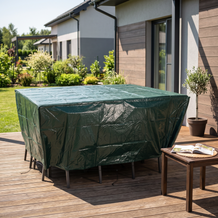 Tmavozelený ochranný obal Focus Garden 280 x 230 x 80 cm nasadený na záhradný nábytok