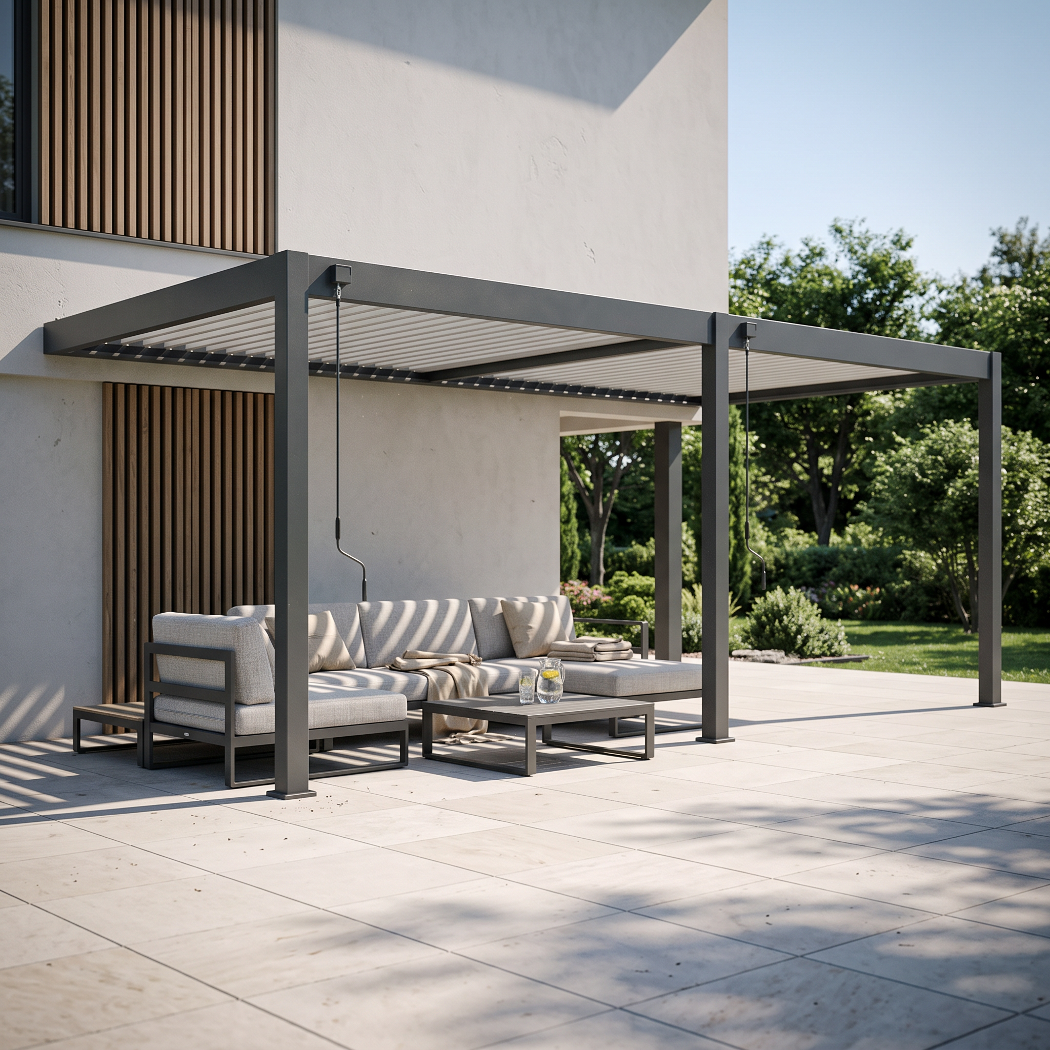 Hliníková pergola ku stene Gutroof ELEGANCE WALL 3x6 m antracit v čelnom pohľade s kľukami na ovládanie strechy