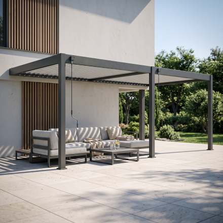Hliníková pergola ku stene Gutroof ELEGANCE WALL 3x6 m antracit v čelnom pohľade s kľukami na ovládanie strechy