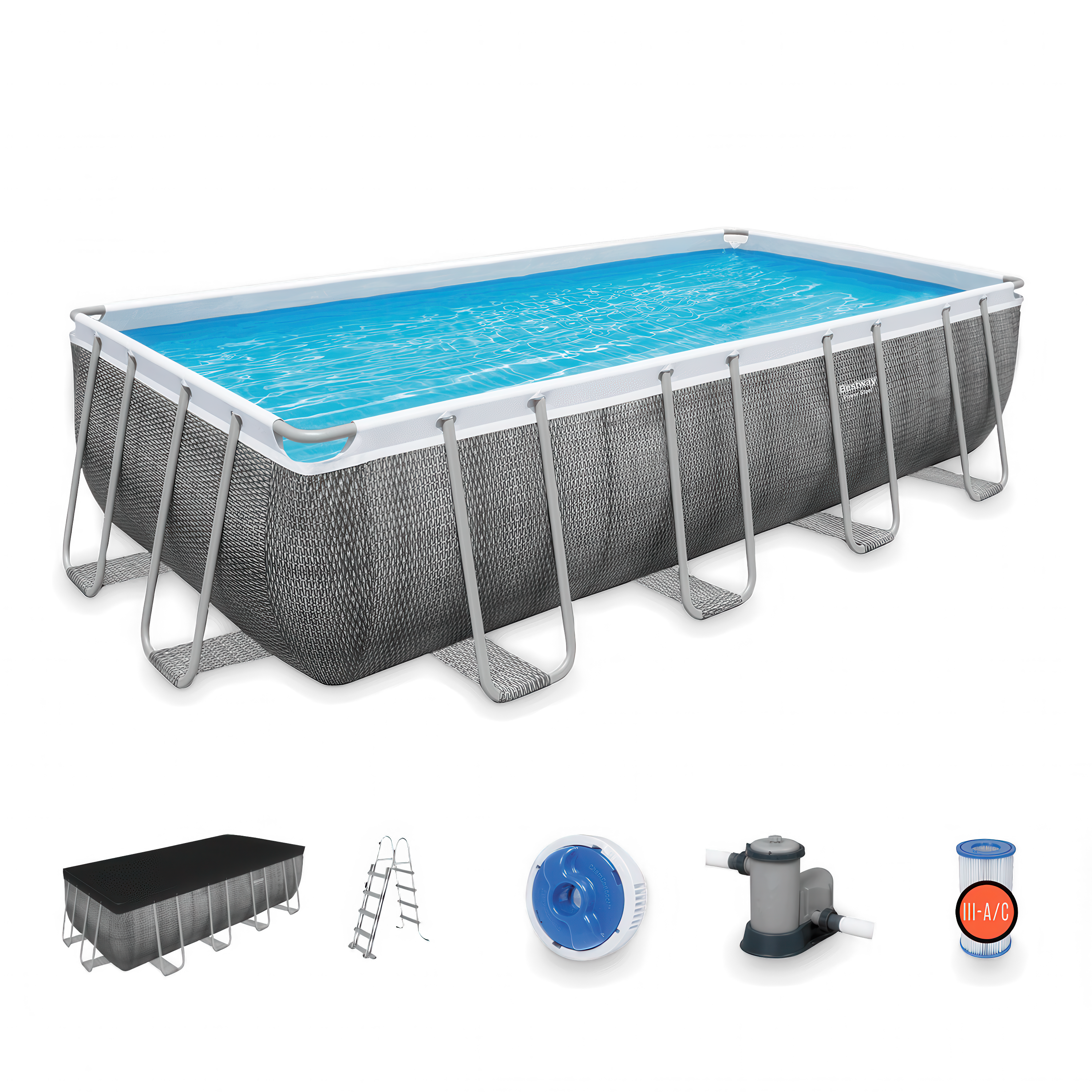 Wizualizacja basenu POWER STEEL 5,5x2,7x1,2m na ogrodzie z rodziną