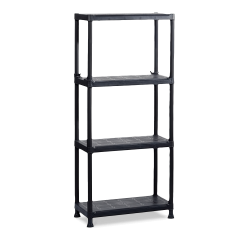 Čierny plastový regál Keter Plus Shelf 60/4 so štyrmi policami na bielom pozadí