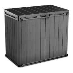 Sivý záhradný úložný box Keter Store It Out DARWIN 1100L s textúrou dreva na čiernom pozadí
