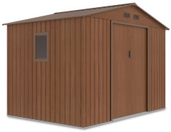 Kovový domček na náradie HUDSON 277x191 cm vo farbe orech s dverami, oknom a ventilačnými otvormi na bielom pozadí