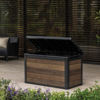 Záhradný úložný box Keter Deco Box 380L Walnut s otvoreným vekom na terase
