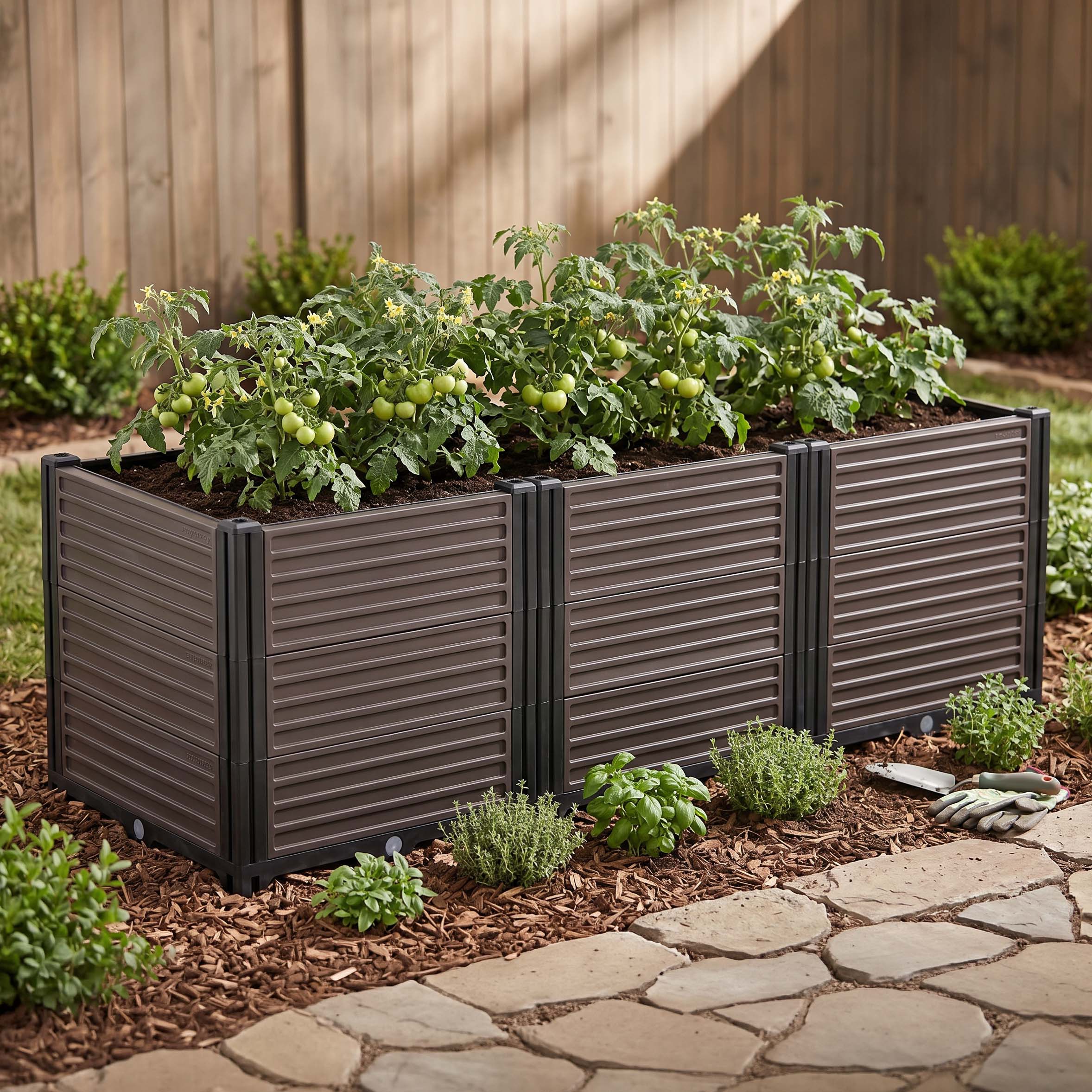 Pestovateľský box Cultivo GROW BOX PLUS L s kvitnúcimi narcismi umiestnený na záhrade