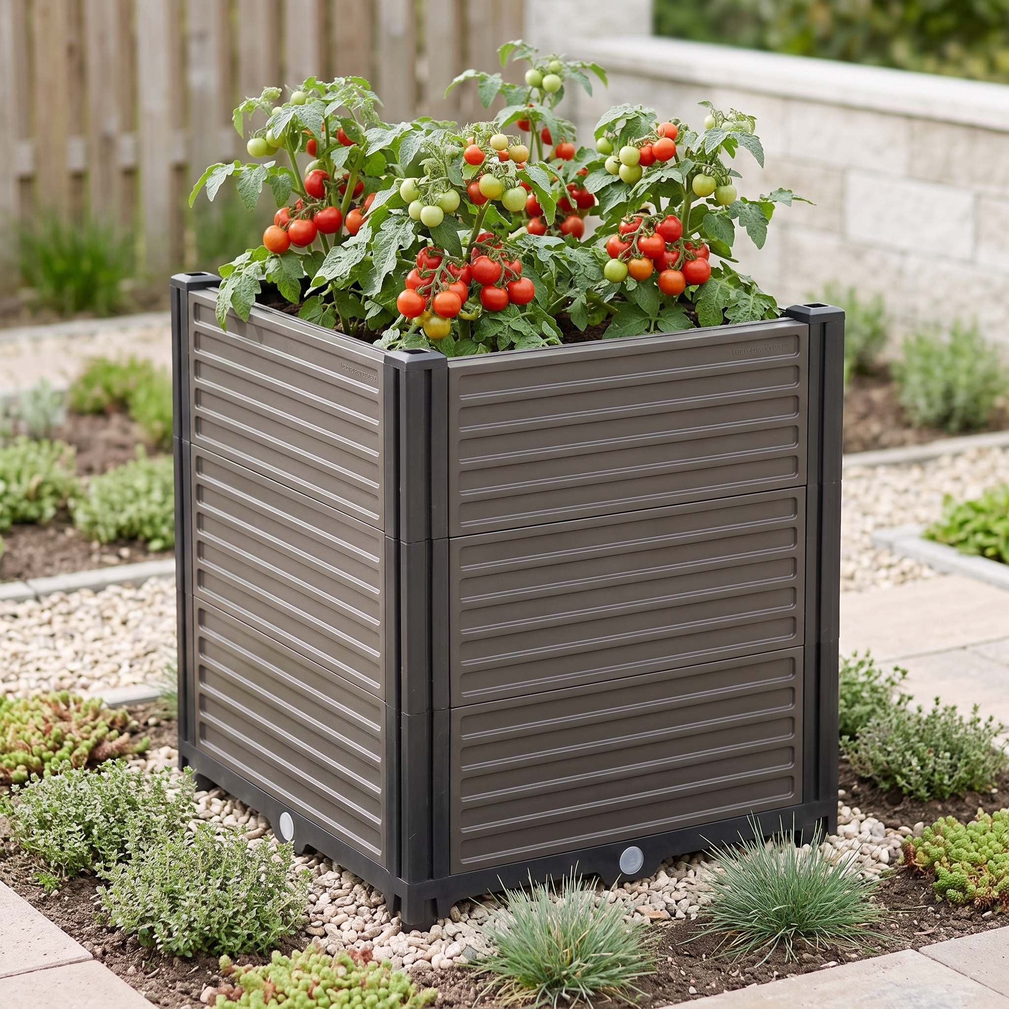 Hnedá pestovacia debnička Cultivo GROW BOX PLUS S s farebnými kvetmi na drevenej terase