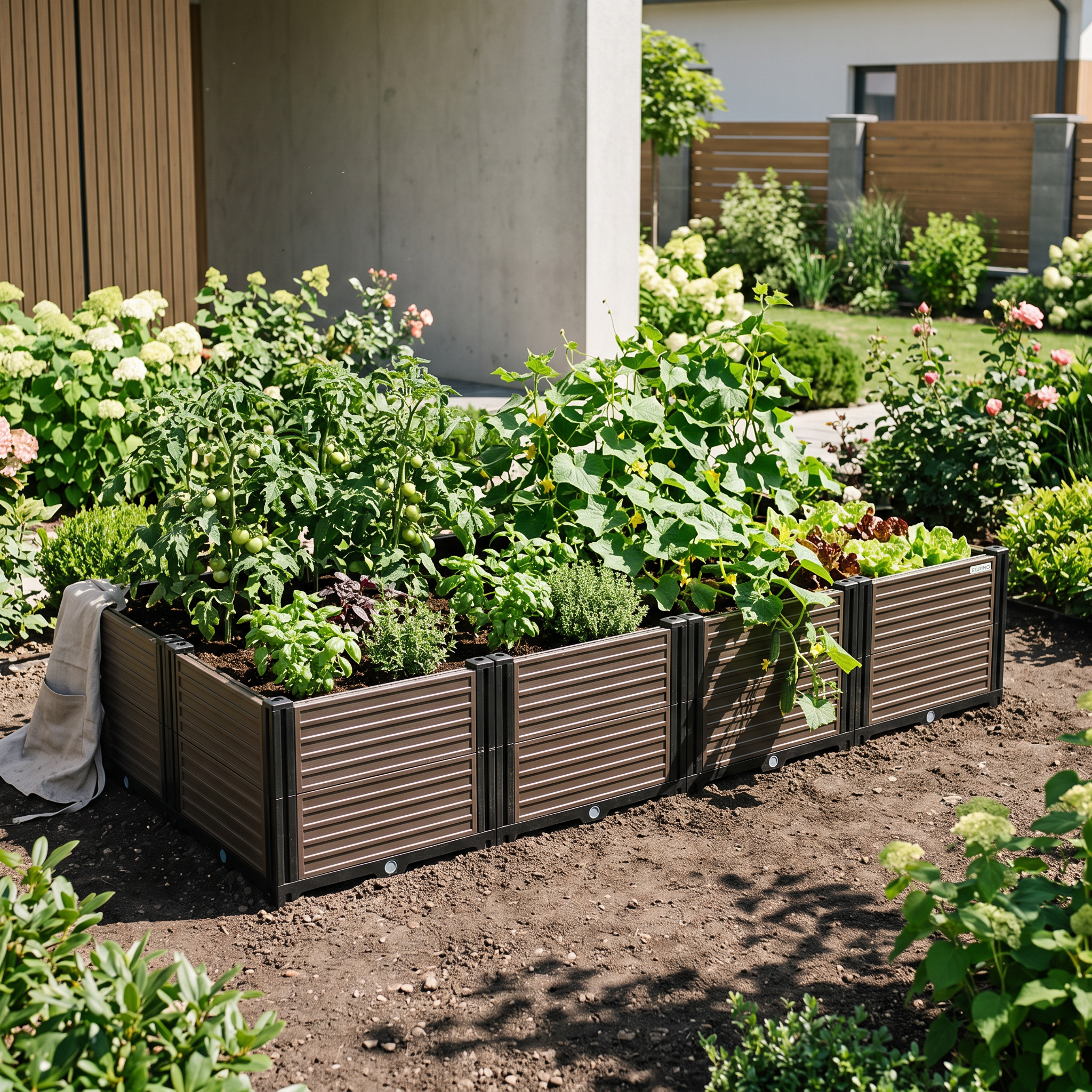 Vyvýšený záhon Cultivo TERRA CUBE L v hnedej farbe s čiernymi spojovacími prvkami na bielom pozadí
