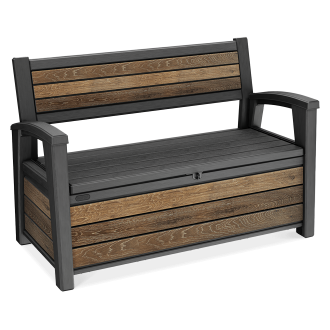Záhradný box a lavička Keter Deco 227L Walnut s kombináciou čiernych prvkov a dreveného dekoru na bielom pozadí
