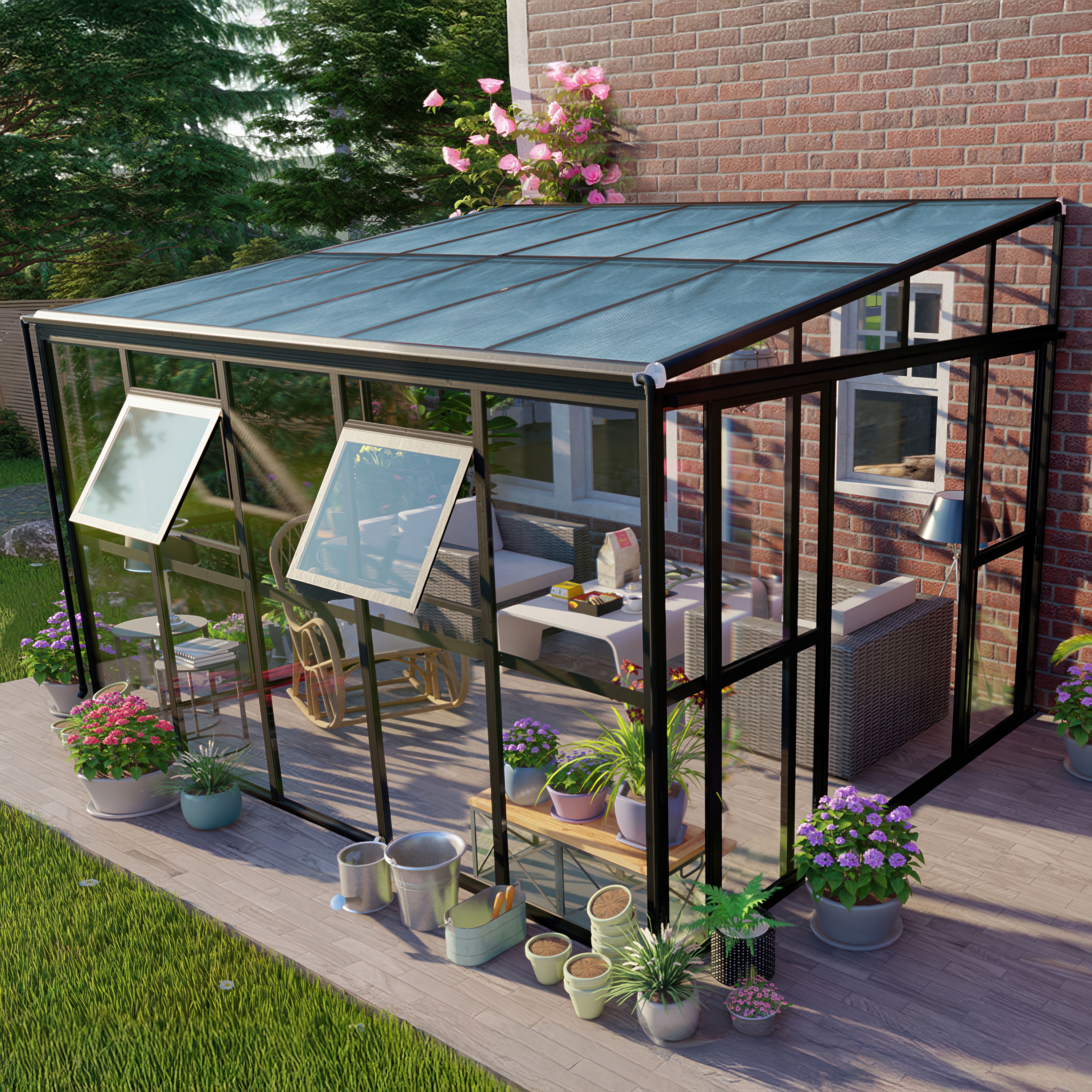 Ogr&oacute;d zimowy SOHO Black 364x290cm PC + Glass - Gutroof aranżacja przy domu wśr&oacute;d roślin i kwiat&oacute;w, szklana konstrukcja