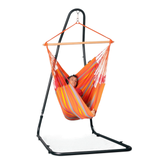 antracytowy stojak z przykładowym pomarańczowym fotelem hamakowym