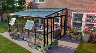 Oranżeria SOHO Black 434x290cm PC + Glass - Gutroof, widok z góry, aranżacja w ogrodzie, szklana konstrukcja