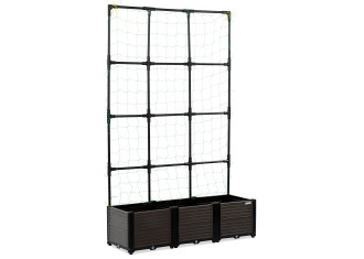 Vyvýšený záhon so stojanom Cultivo GROW FLAT SET L tvorí hnedý kvetináč s čiernou mriežkou na popínavé rastliny