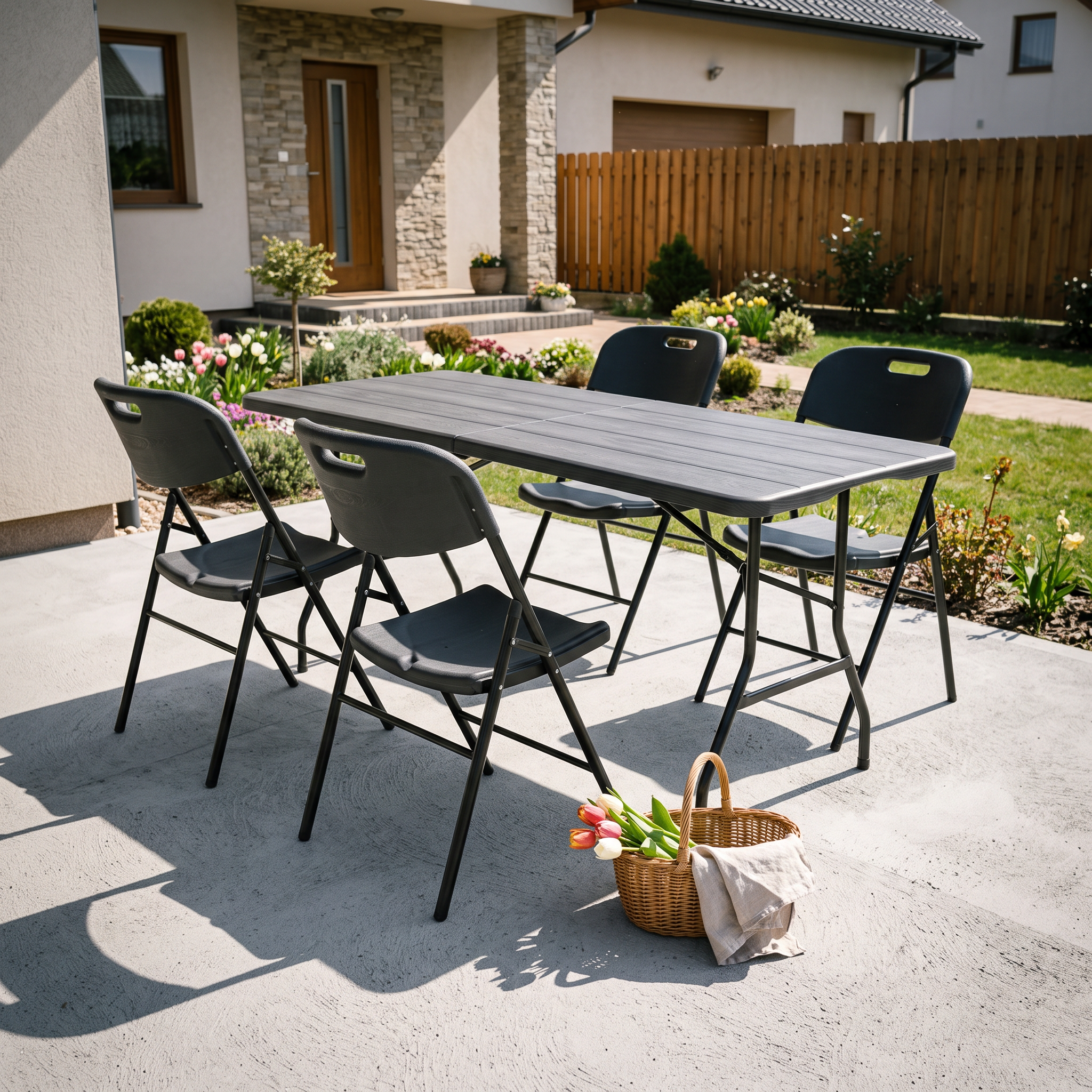 Skladací cateringový set Bjørkka Graphite Wood so stolom 180 cm a štyrmi stoličkami v sivej farbe