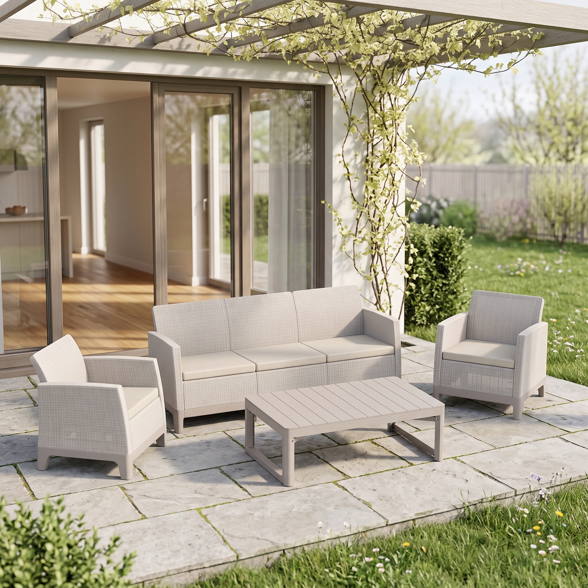 Záhradný set Keter SCANDI MAX 3/LYON Pebble Grey s trojsedačkou, dvoma kreslami a výškovým stolom vo farbe pebble grey