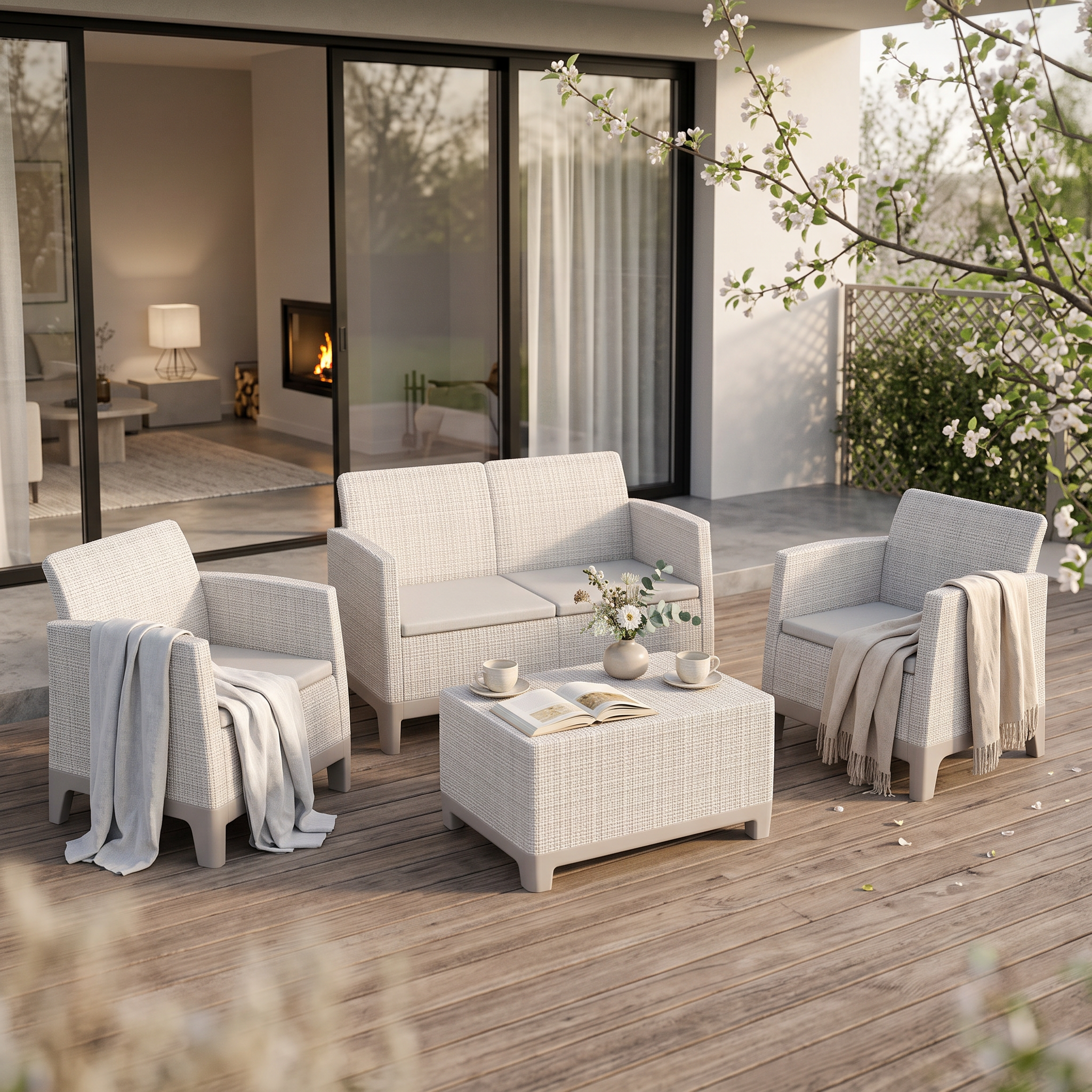 Záhradný set nábytku Scandi Forma Pebble Grey-Soft Beige v aranžmáne na terase s vankúšmi a nízkym stolíkom