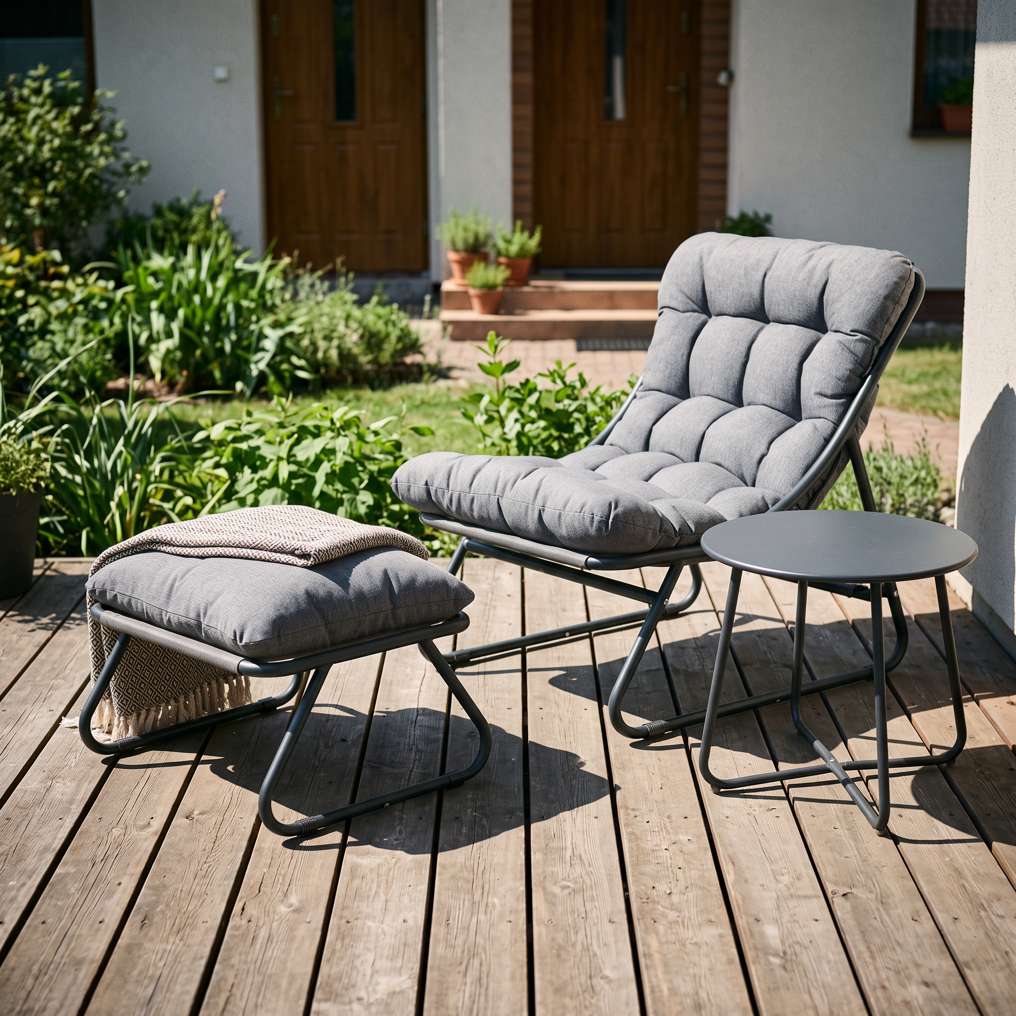 Záhradné kreslo s pufom a stolíkom Bjørkka VISTA RELAX PLUS v tmavosivej farbe na terase s rastlinami