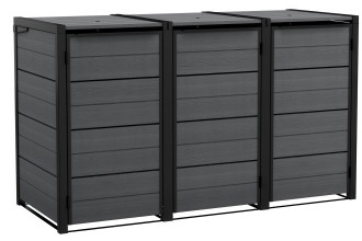 Sivý prístrešok na tri smetné koše s 240l objemom Keter Hide Away s čiernymi detailmi na bielom pozadí