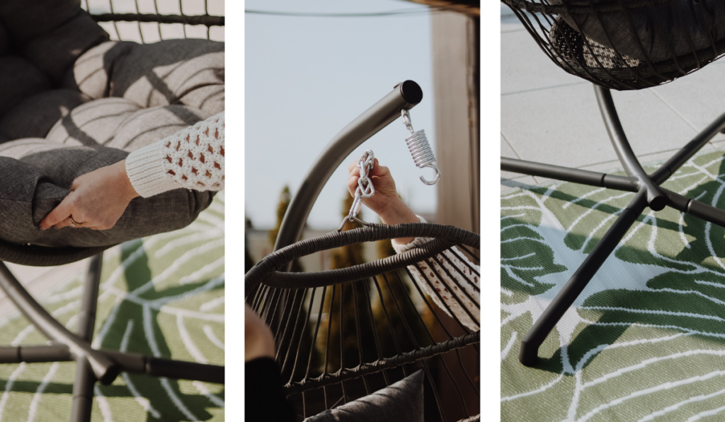 Kol&aacute;ž troch fotografi&iacute; so z&aacute;bermi na detaily z&aacute;vesn&eacute;ho kresla