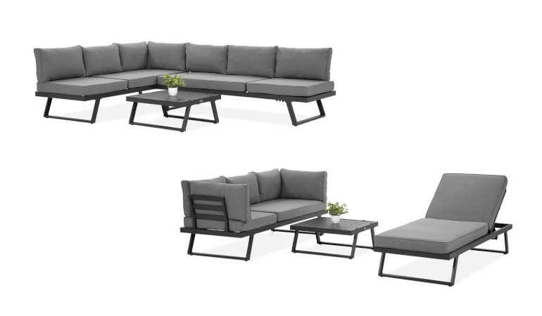 Modul&aacute;rna rohov&aacute; sedačka MIDWAY Dark Grey &ndash; FOCUS GARDEN v r&ocirc;znych variantoch usporiadania na bielom pozad&iacute;