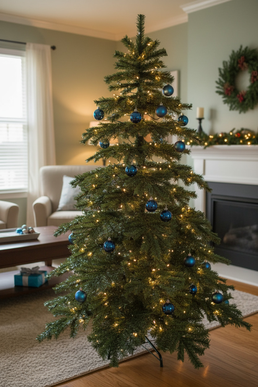 Vianočný stromček s teplými svetielkami v obývacej izbe; krb v pozadí.