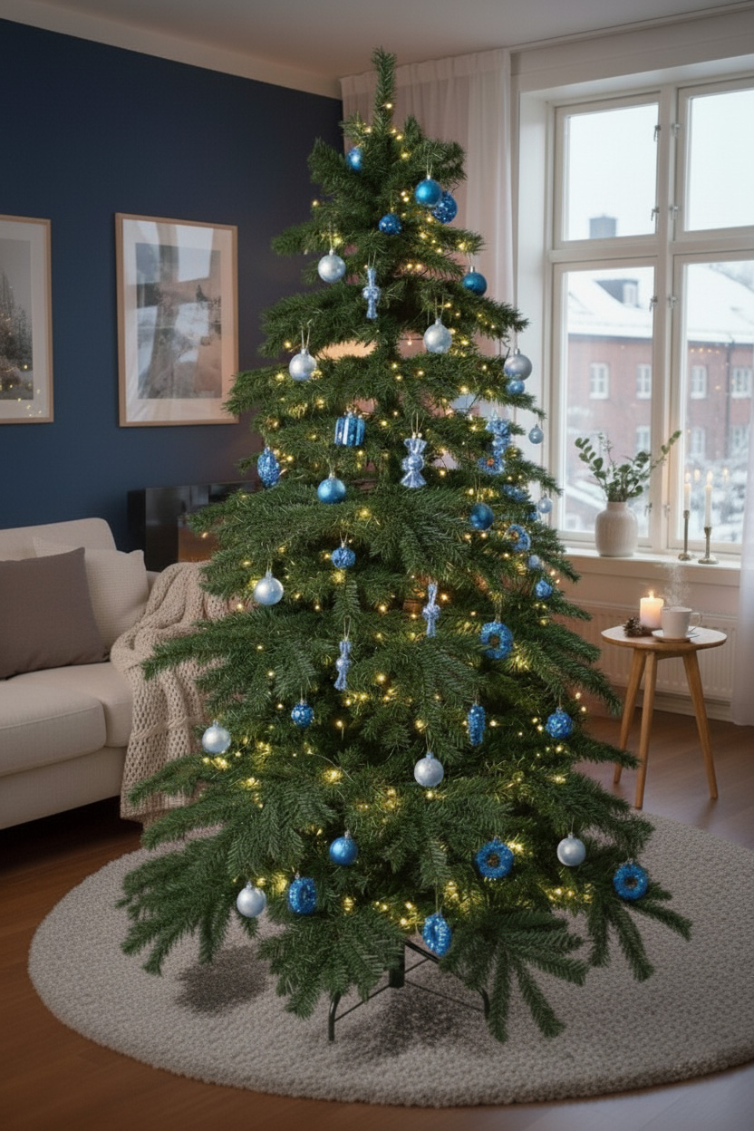 Vianočný stromček pri okne v obývačke; modro-strieborné ozdoby, sviečky na stolíku.