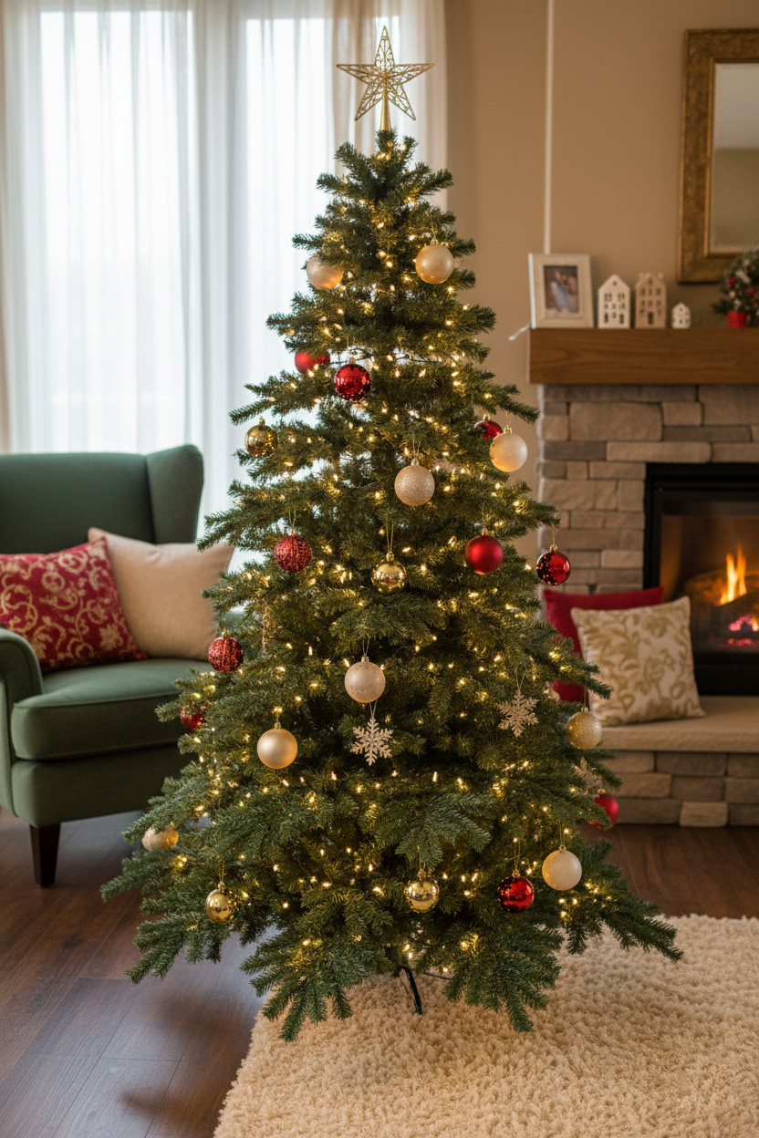 Vianočný stromček v krbovej miestnosti; teplé svetielka, červeno-zlaté dekorácie, krb a koberec.