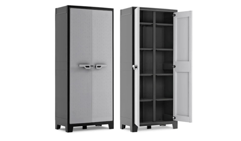 Szafa narzędziowa Keter/Kis TITAN MULTISPACE CABINET w kolorze czarnym i szarym, zdjęcie pokazuje wariant otwarty i zamknięty szafy