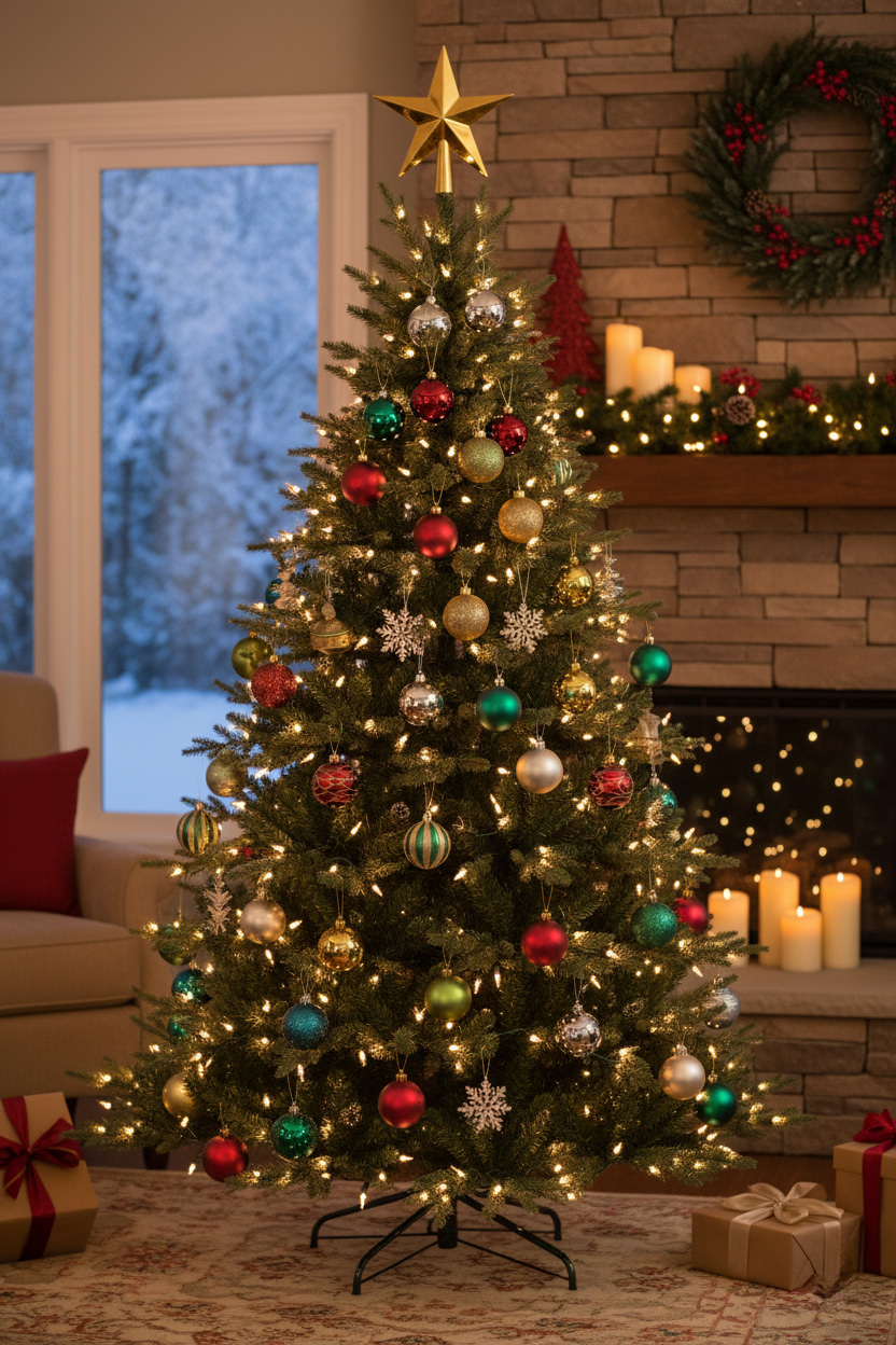 Choinka z gwiazdą i czerwono-złoto-zielonymi ozdobami; kamienny kominek, świece i prezenty na dywanie.