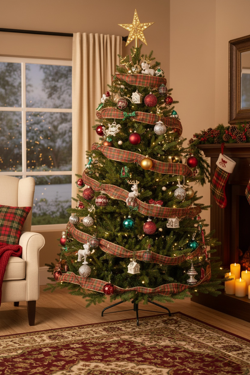 Choinka z tartanową wstęgą, czerwonymi i turkusowymi bombkami; fotel z pledem, kominek i świece.