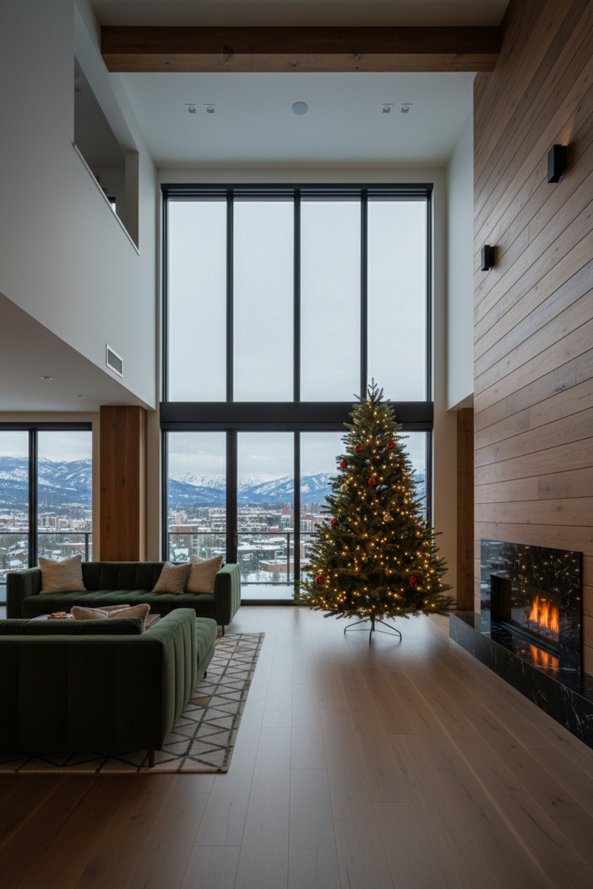 Choinka przy wysokich przeszkleniach w lounge; góry i miasto w tle, zielona kanapa, kominek ścienny.