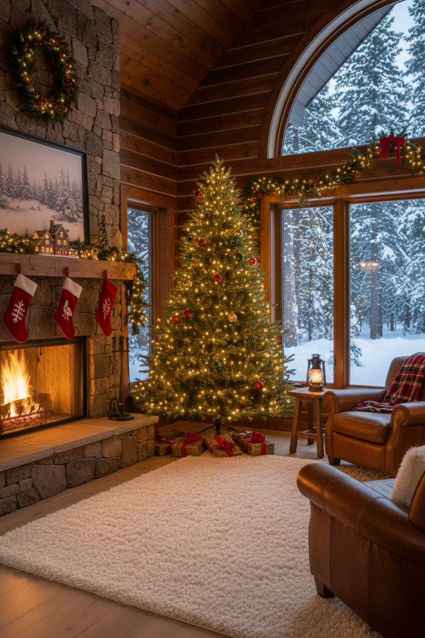 Choinka obok kamiennego kominka w pokoju kominkowym; girlandy świetlne, widok zimowego lasu.