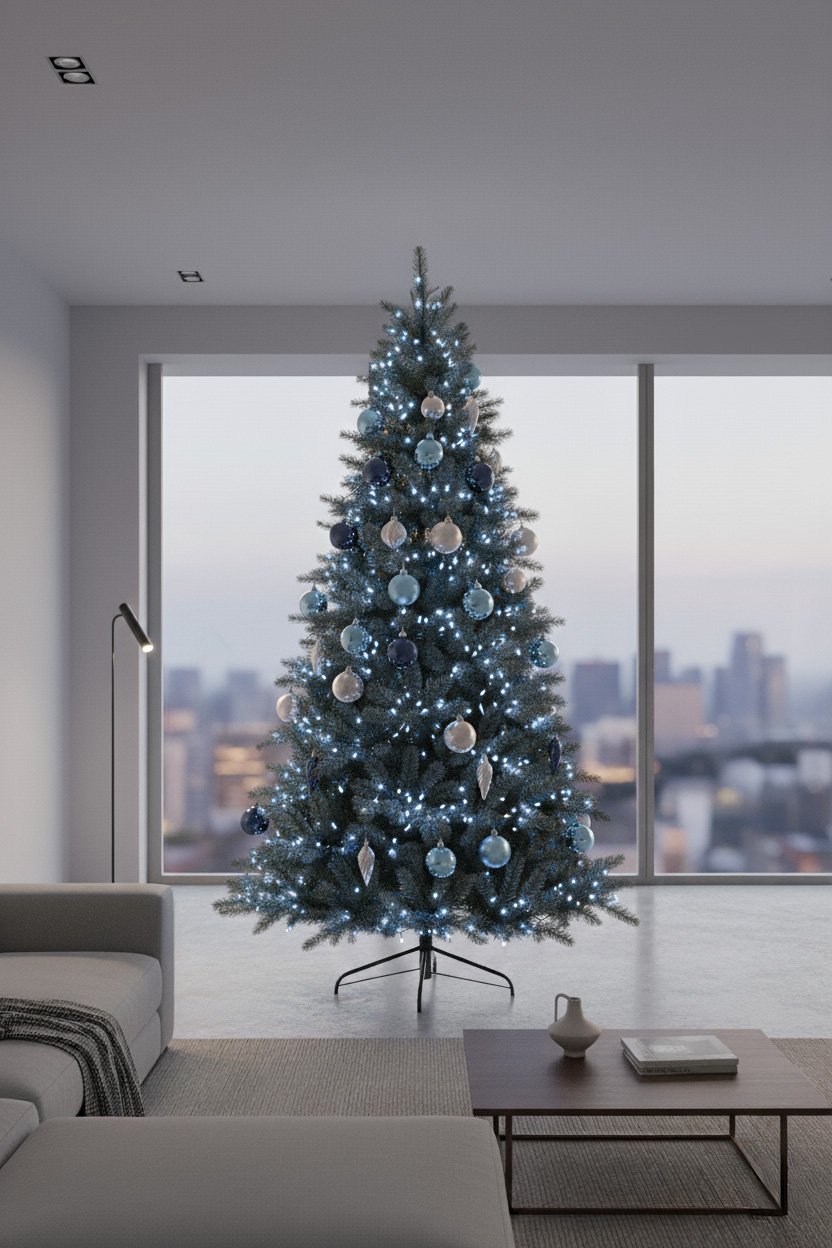 Choinka z białoniebieskimi ozdobami w nowoczesnym salonie; duże okna, widok na miasto.