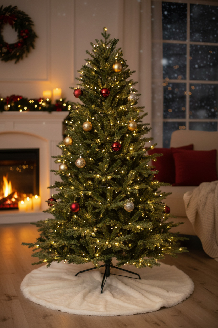 Choinka w pokoju kominkowym; ciepłe światełka, kominek i okno z nocnym, zimowym widokiem.